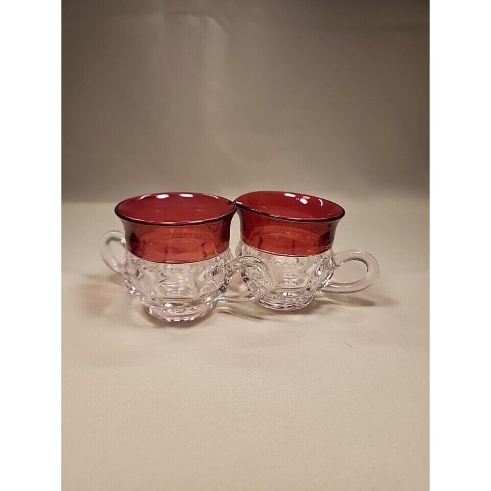 Set of Vintage Kings Crown Thumbprint  Ruby Flash Open Sugar and Creamer